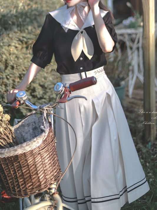 Retro French Sailor Collar Puff Sleeve Shirt + Box Pleat Skirt + Bunny Ear Necktie [pre-order]