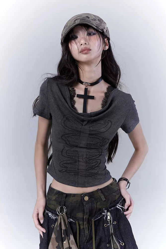 Dark Slim Lace Cross Top