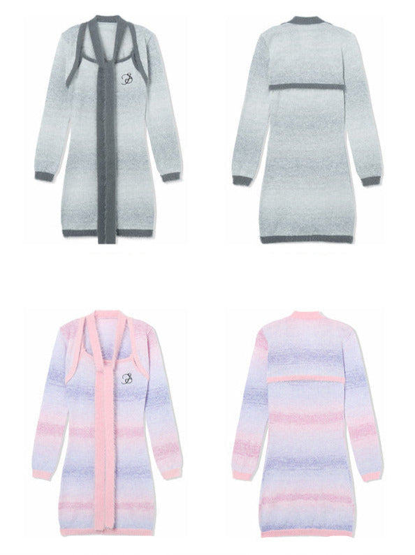 Gradient Striped Knit Dress + Bow Tie Knit Short Cardigan