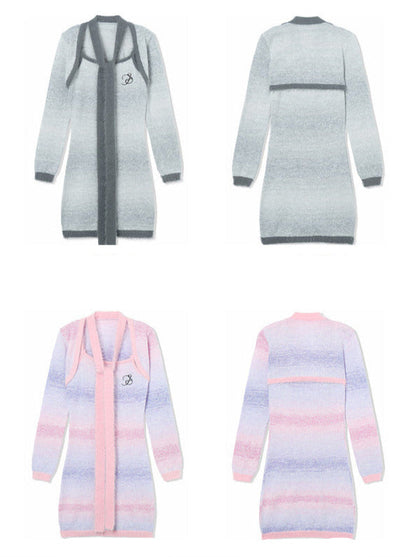 Gradient Striped Knit Dress + Bow Tie Knit Short Cardigan