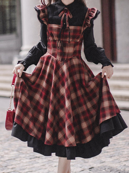 Retro Suit Black Ruffle Sleeve Shirt + Plaid Ruffle Shoulder Layered Dress + Ribbon Accessories [pre-order]