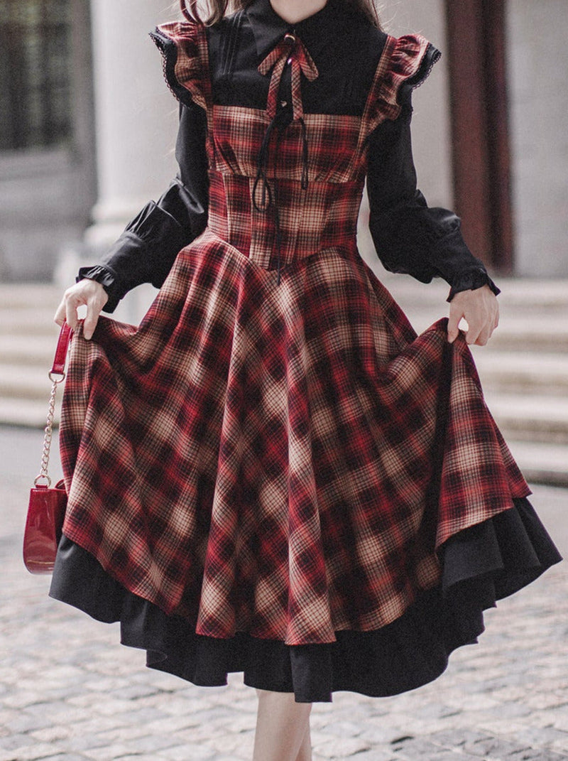Retro Suit Black Ruffle Sleeve Shirt + Plaid Ruffle Shoulder Layered Dress + Ribbon Accessories [pre-order]