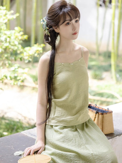 Summer Green Retro Chinese-style Top + Inner Camisole + Long Skirt
