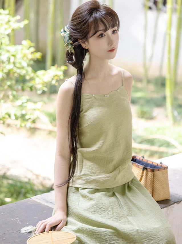 Summer Green Retro Chinese-style Top + Inner Camisole + Long Skirt