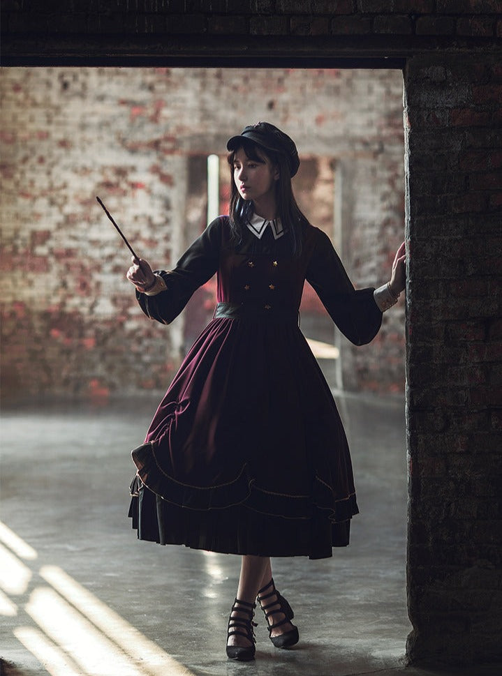 Faux Two Piece Pleated Cape Dark Gothic Dress