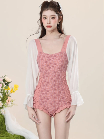 Salmon Pink Square Neckline Swimsuit