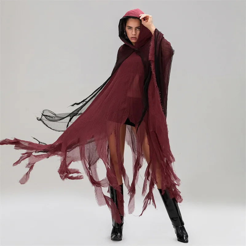 Ripped Hooded Cape Black