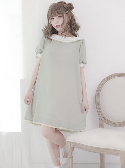 Plate Color Puff Sleeve Dress