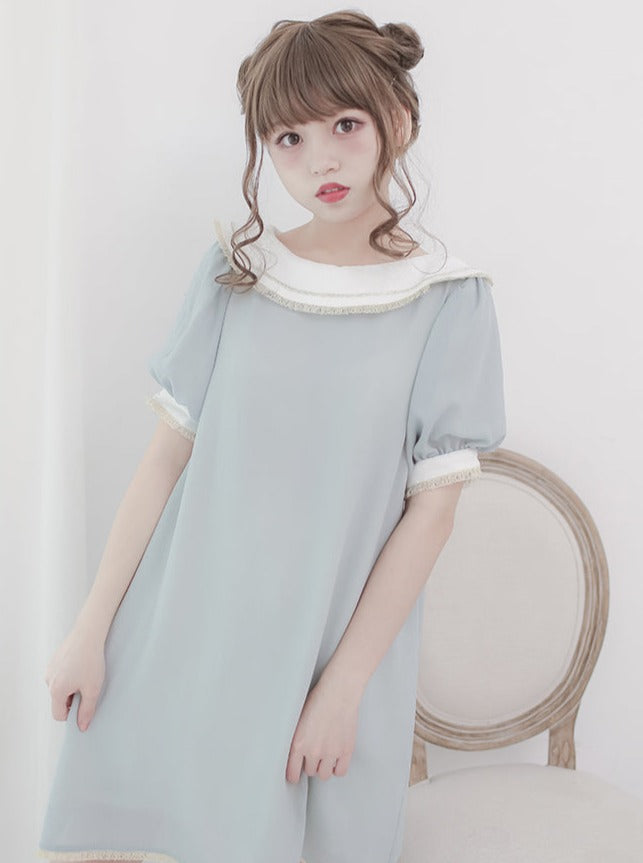 Plate Color Puff Sleeve Dress