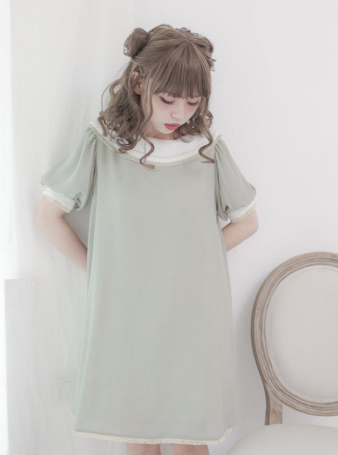 Plate Color Puff Sleeve Dress