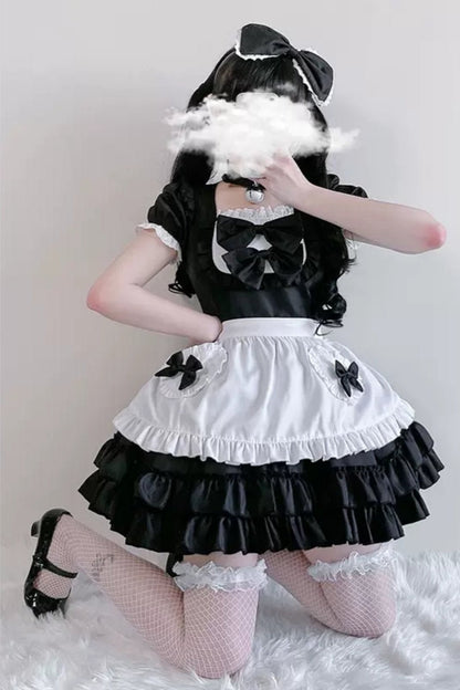 Double Ribbon Ruffle Lolita Maid Dress Set