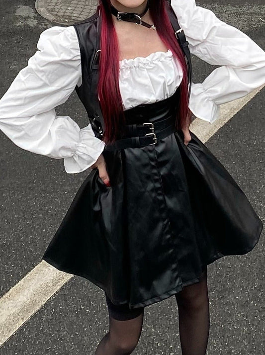 Lace-up Candy Sleeve White Dress + Belt Buckle With Front Button Leather a Line Overall Skirt