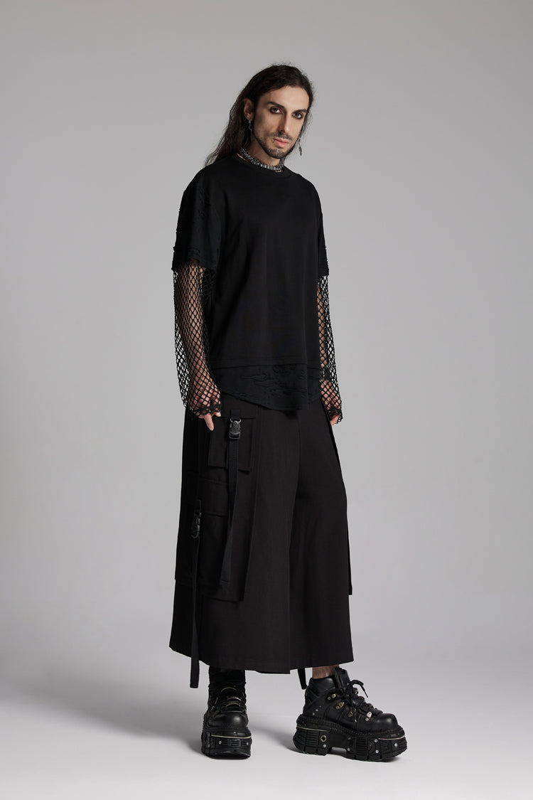 Black Round Collar Long Sleeves Mesh Ripped Punk T-shirt
