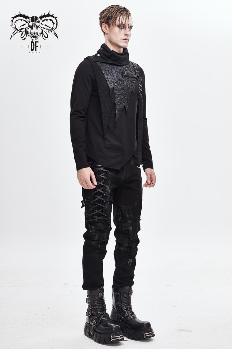 Black Worn Out Cross Shaped Hasp High Collar Asymmetric Hem Punk T-shirt