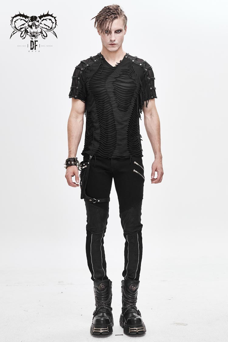 Black Tattered Striped Shoulder Splice Mesh Short Sleeve Punk T-shirt