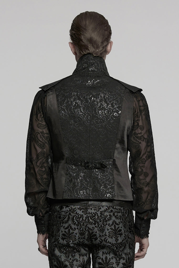 Black Lapel V Collar Long Sleeves Embroidery Gothic Vest