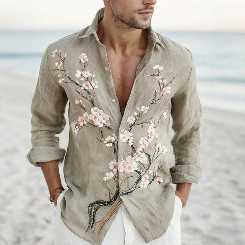 Men's Vintage Floral Art Button Comfy Linen Shirt elevenforest
