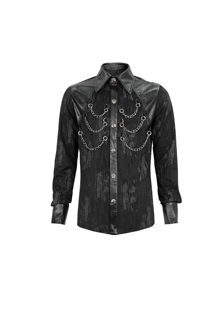 Black Ribbed Metal Chain Hand-painted Velveteen Paneled Leather Punk Shirt