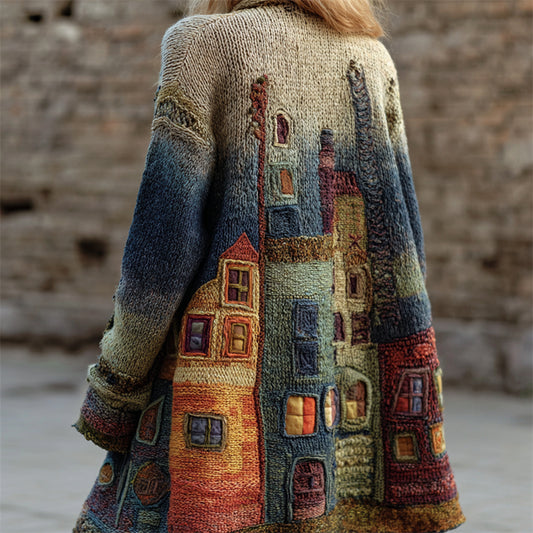 Street Buildings Colorblock Crochet Gradient Cozy Cardigan elevenforest