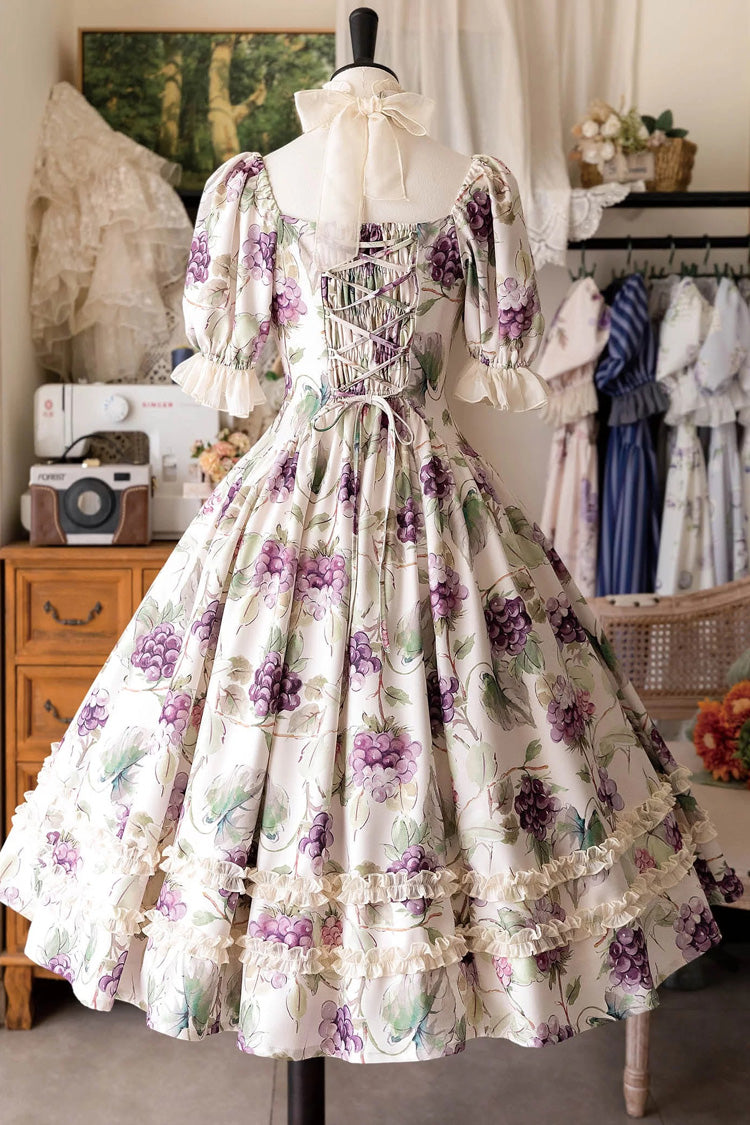White [basket of the Forest] Square Collar Short Sleeves Little Grape Printed Ruffled Classic Lolita Dress