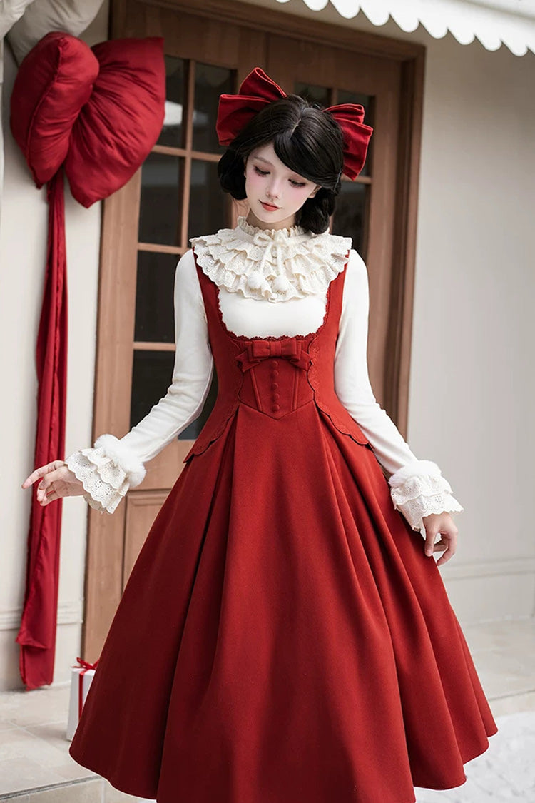 Red [letters and Poems · Velvet Rose] Sleeveless Embroidered Bow Fishbone Classic Lolita Bandeau Dress 2 Versions