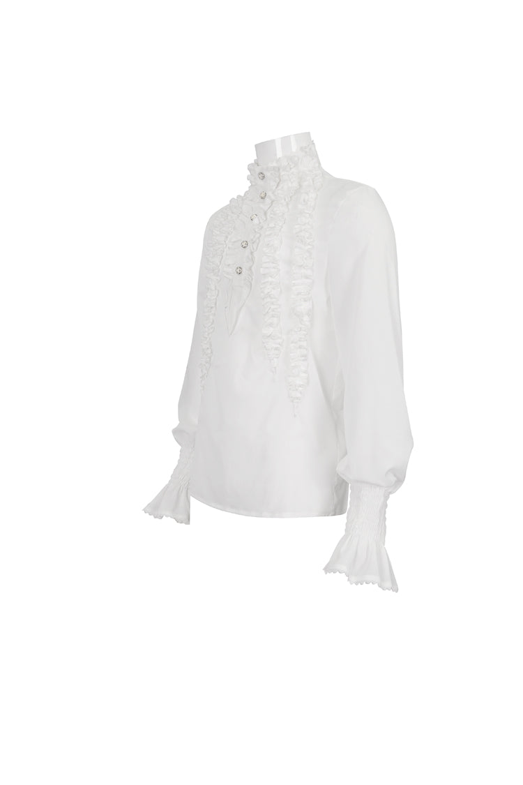 White Irregular Stand Collar Puff Sleeved Ruffled Gothic Shirt