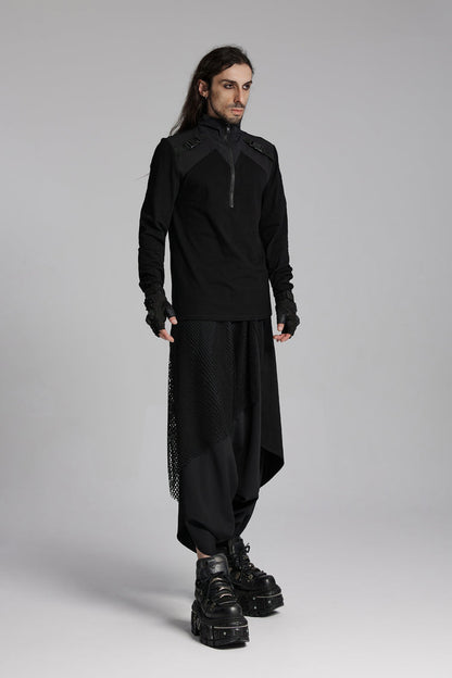 Black Stand Collar Long Sleeves Techwear Bucket-up Zip Punk T-shirt