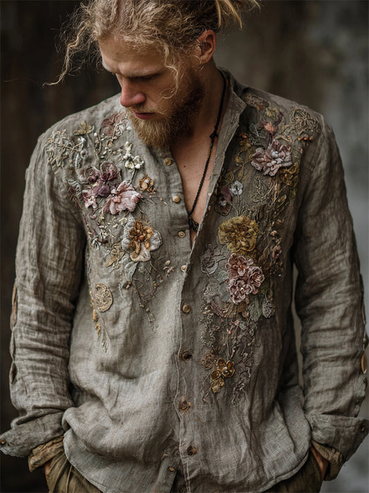 Men's Vintage Floral Beaded Embroidered Linen Shirt elevenforest