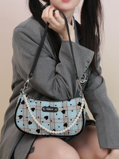 American Retro Sweet Cool Love Plaid Pearl Handle Shoulder Bag