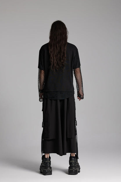 Black Round Collar Long Sleeves Mesh Ripped Punk T-shirt