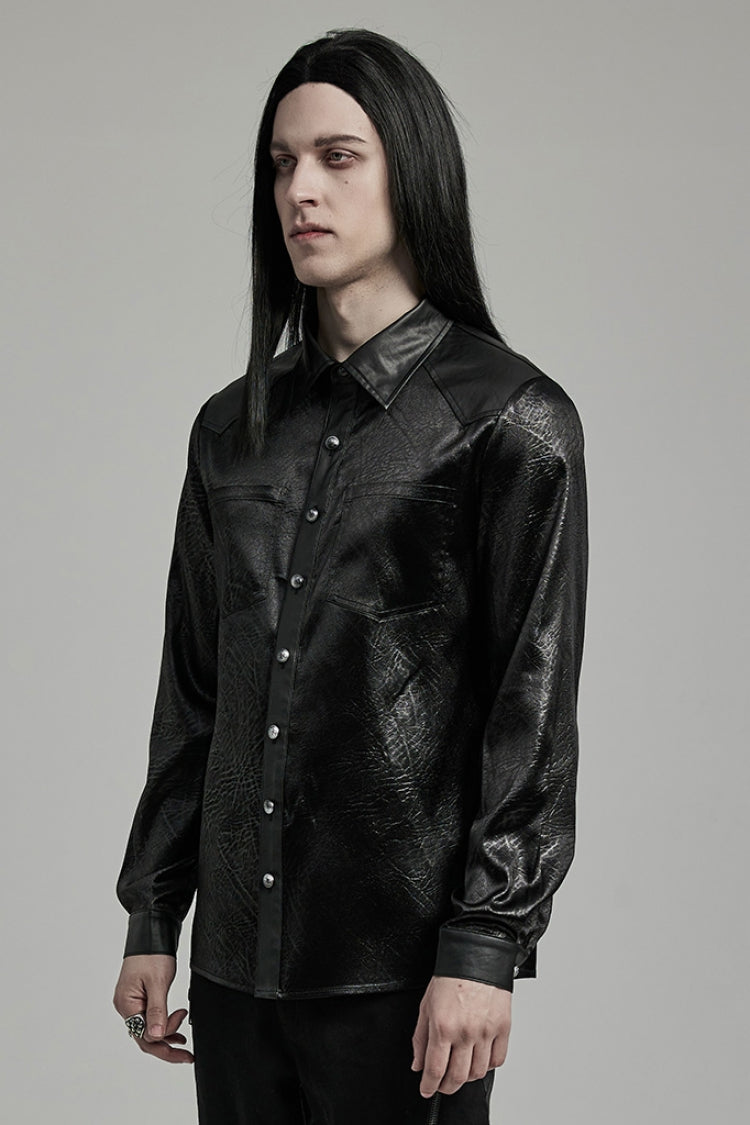 Black Lapel Collar Long Sleeves Faux Leather Gothic Blouse