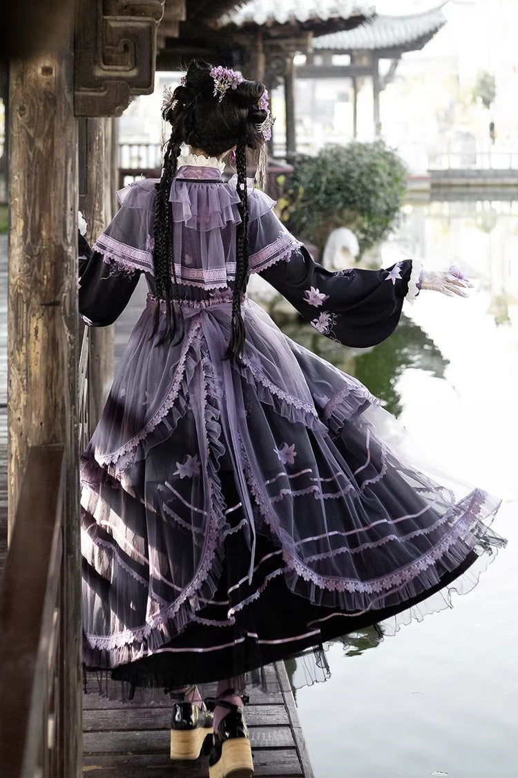 Purple [violet Gauze Lily] Stand Collar Long Sleeves Ruffled Embroidered Bow Classic Chinese Style Lolita Dress Set