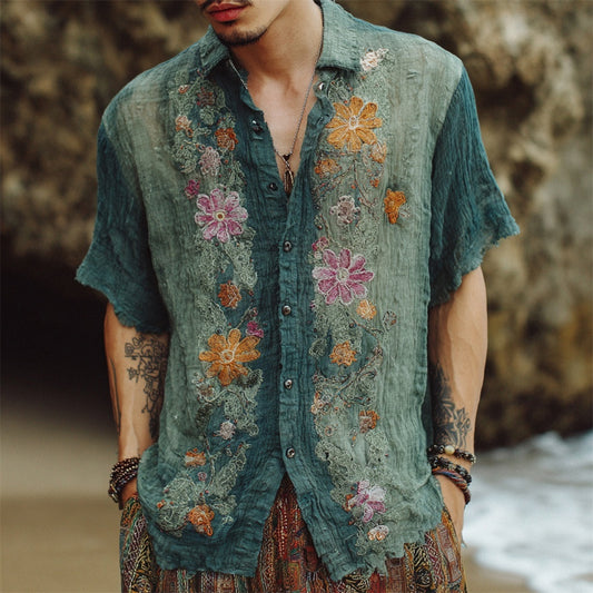 Vintage Boho Floral Print Men's Linen Short Sleeve Shirt elevenforest