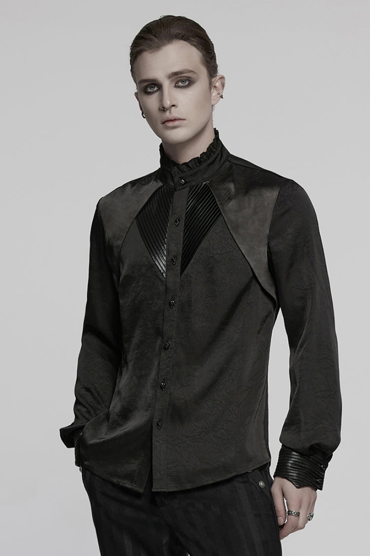 Black Stand Collar Long Sleeves Ruffle Pleated Gothic Blouse