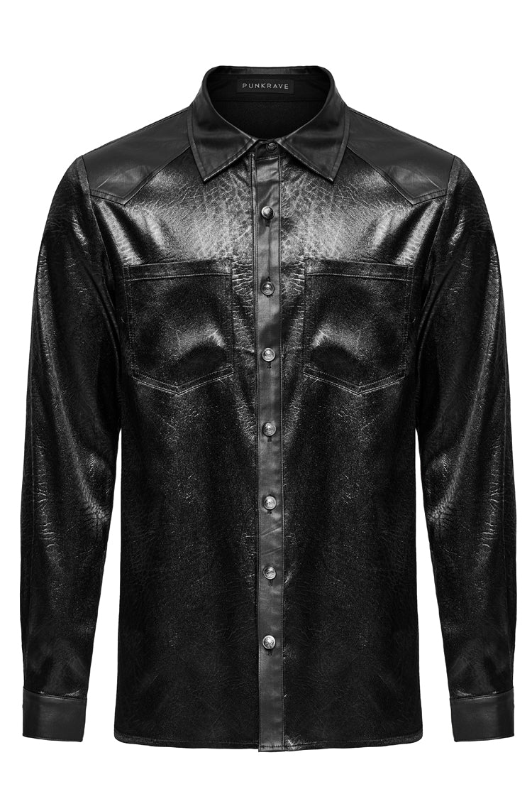 Black Lapel Collar Long Sleeves Faux Leather Gothic Blouse