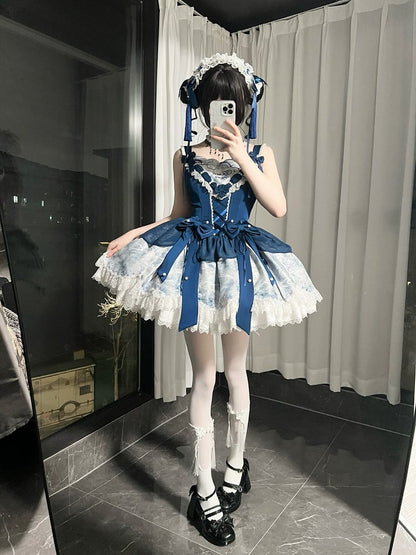 [pre-order Deadline: May 6] Dark Blue Moonlight Sea Lace Ribbon Layered Dress + Accessories