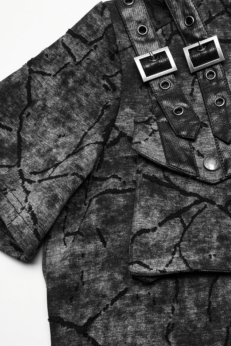 Grey Short Sleeves Big-pocket Tie-dyed Hooded Punk T-shirt