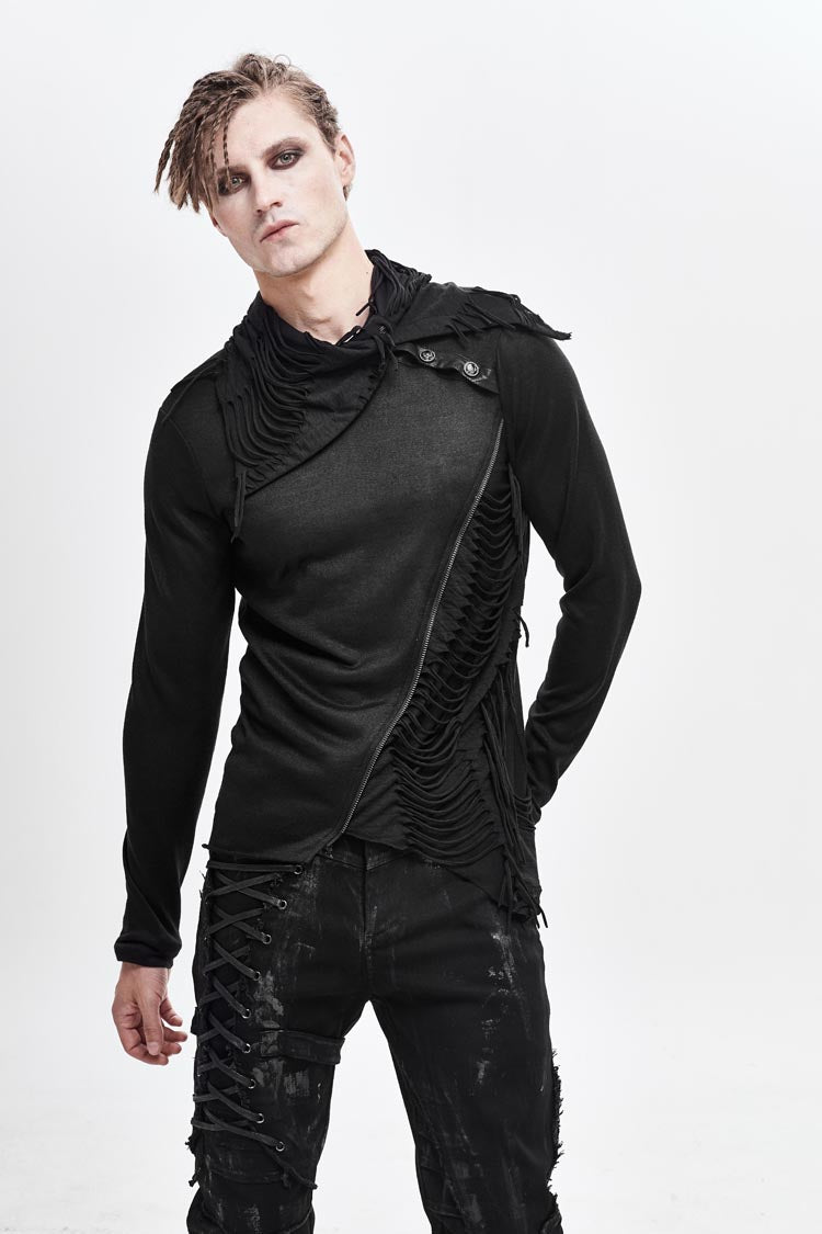 Black Ragged Turn-down Collar Woolen Long Sleeve Irregular Hem Punk T-shirt