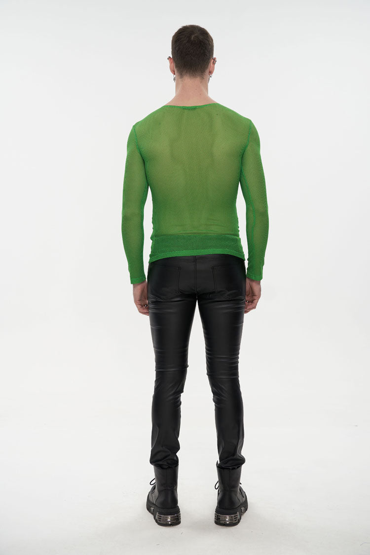 Green Elasticity High Neck Long Sleeve Mesh Gothic T-shirt