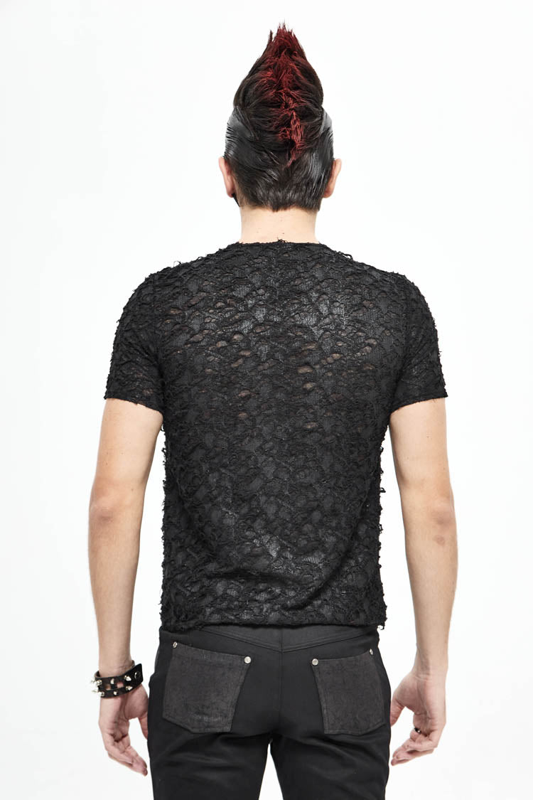 Black Broken Holes Thick Stripes Chest Lace-up Knit Short Sleeve Punk T-shirt