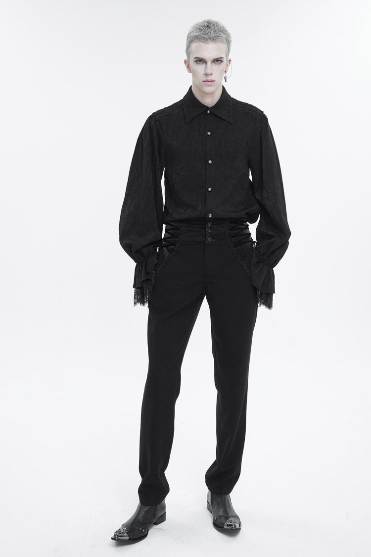 Black Lapel Collar Puff Sleeved Lace Hem Gothic Shirt