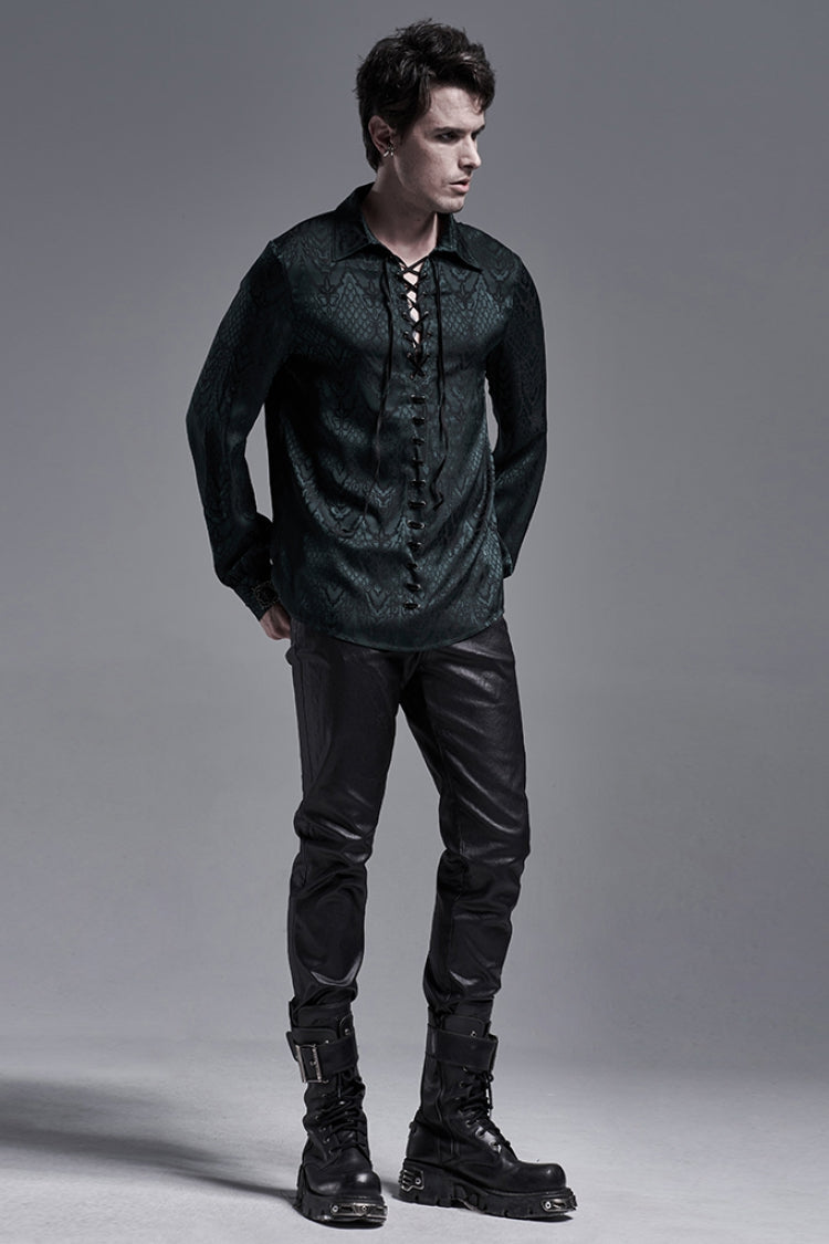Jacquard Long Sleeve Front Metal Eyelets Lace Up Metal Carving Buckle Cuff Gothic Shirt 3 Colors