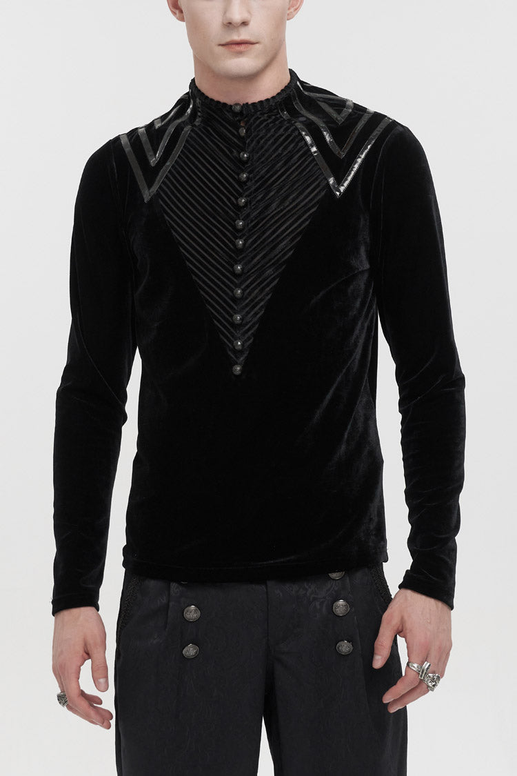 Black Round Collar Long Sleeves Stripes Splice Velvet Gothic Shirt