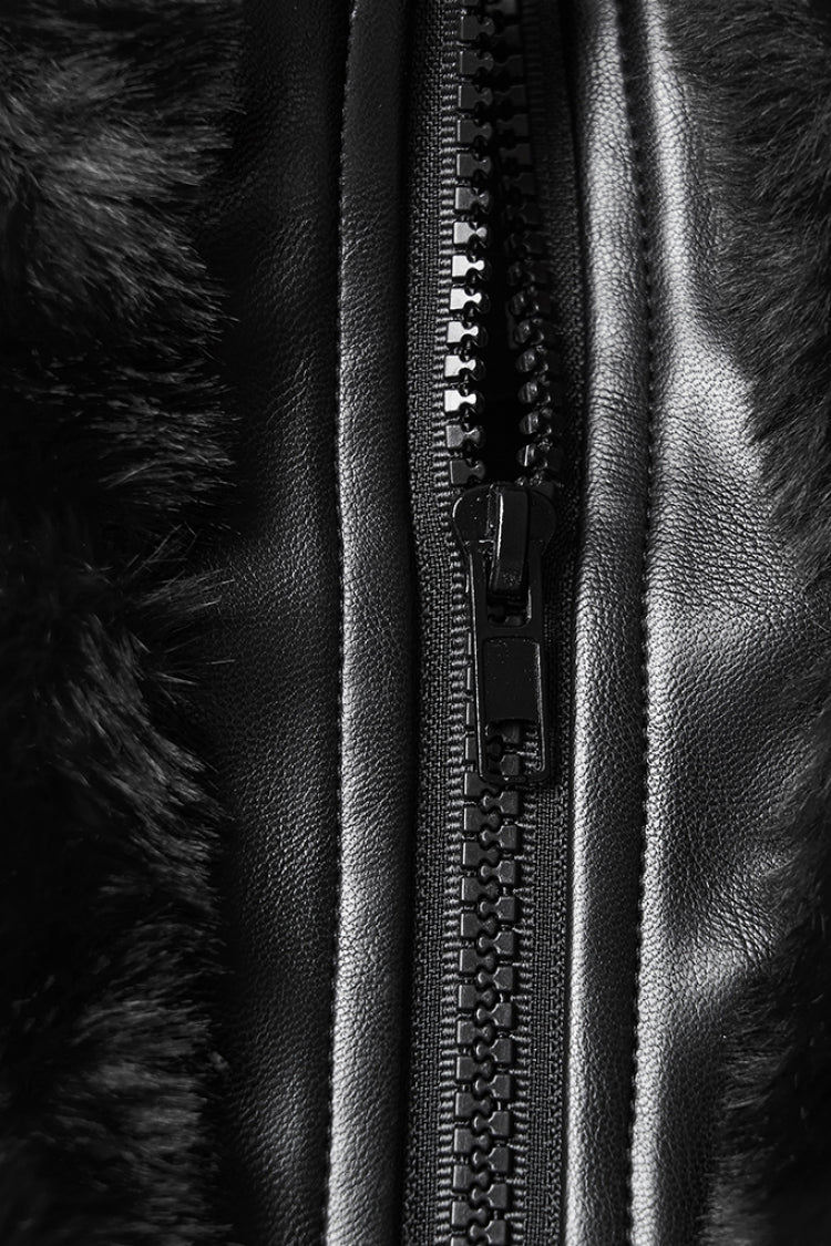 Black Stand Collar Long Sleeves Buckle Straps Faux Fur Punk Short Cloak