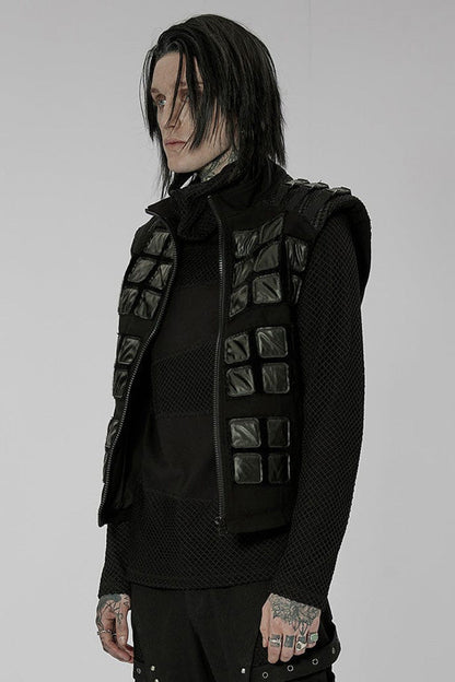Black Punk High Collar Front Geometric Patterns Splicing Design Shoulder Padded Webbing Buckle Twill Vest