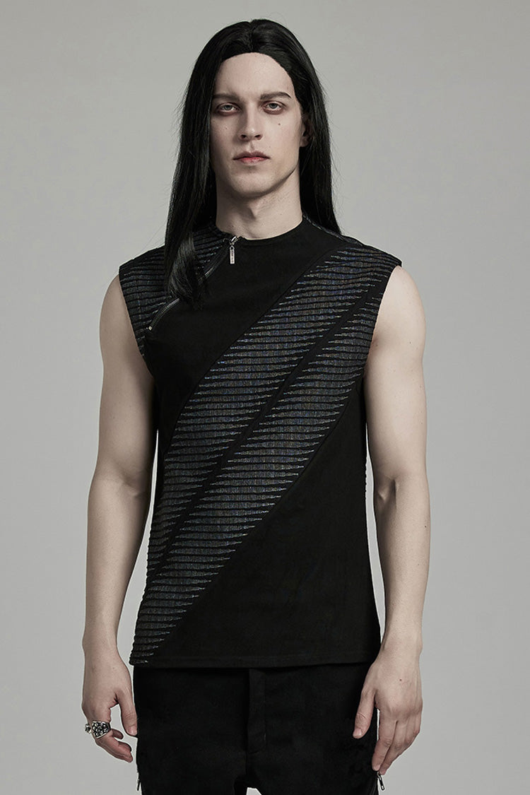 Black Sleeveless Print Asymmetric Zipper Punk Tank Top