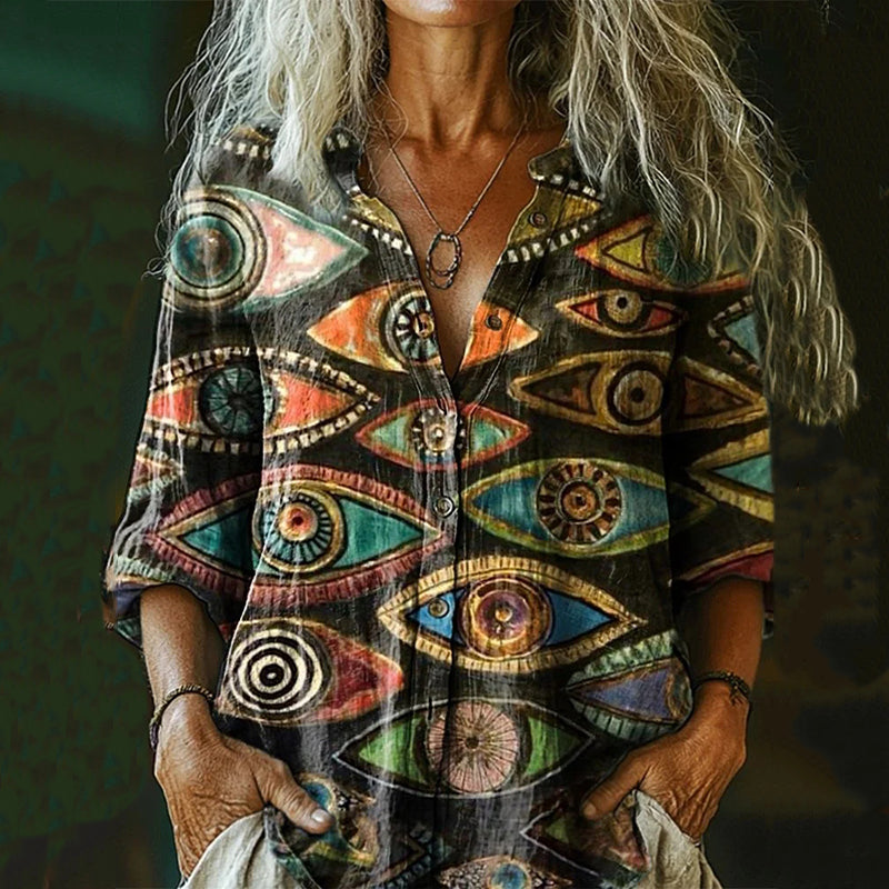 Women's Vintage Eye Art Print Long Sleeve Shirt elevenforest