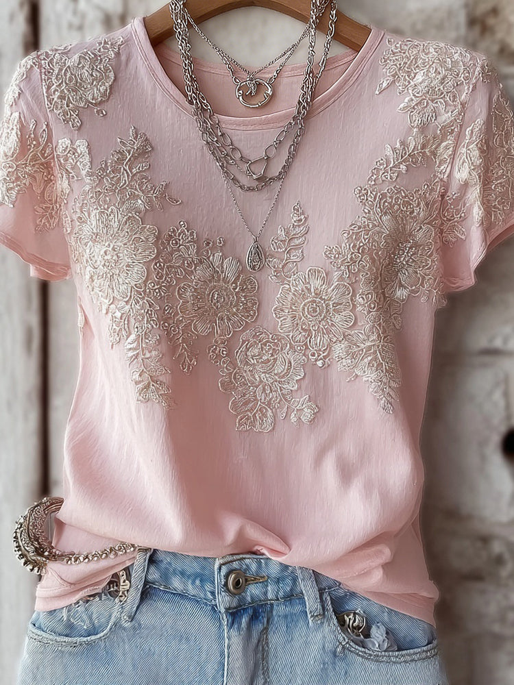 Vintage Floral Lace Embroidered Comfy Linen T Shirt elevenforest