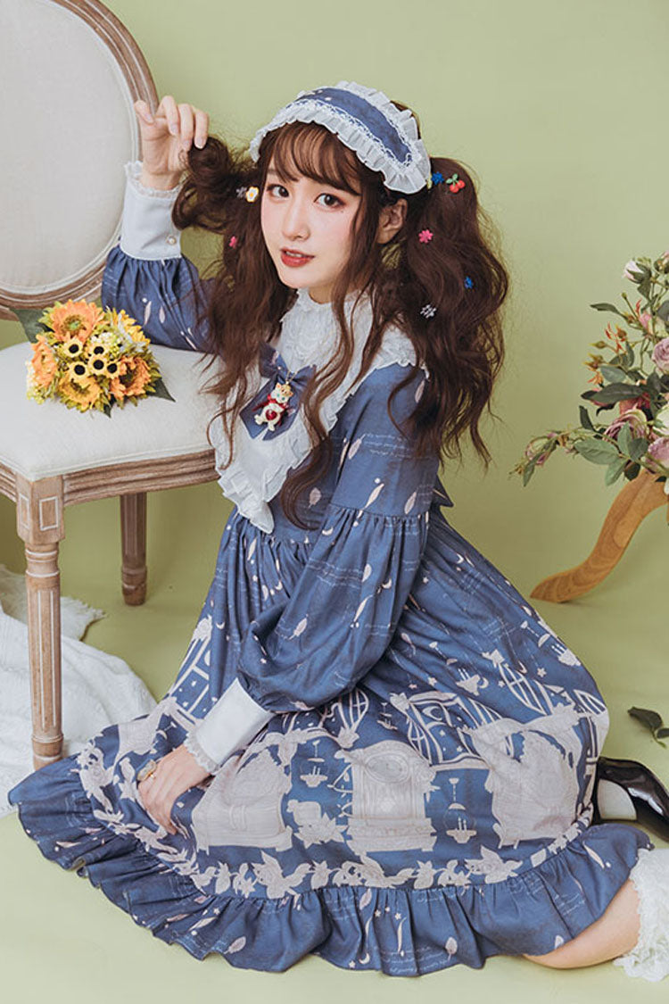 Dark Blue Classical Alarm Clock Print Long Sleeve Bowknot Sweet Lolita Op Dress