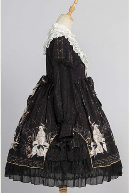 Round Collar Ruffled Long Sleeves Reunion World Print Classic Lolita Op Dress